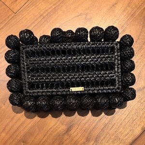 Cult Gaia Eos Black Raffia Woven Pom-Pom Rectangular Clutch